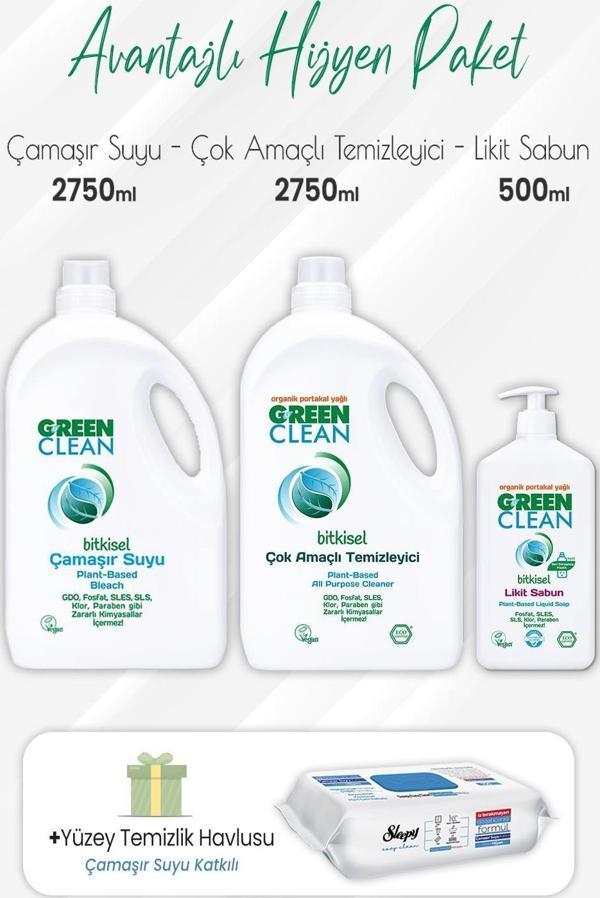 Green Clean Çamaşır Suyu , Çok Amaçlı 2,75 lt, Likit Sabun 500 ml ve Çamaşır Sulu Yüzey 100' lü - Image 1