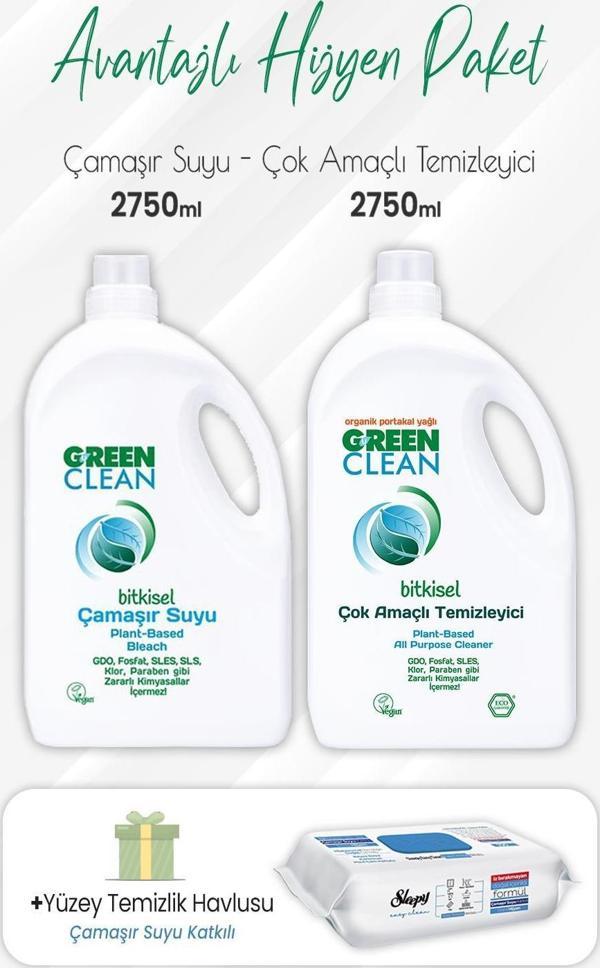 Green Clean Çamaşır Suyu 2,75 lt, Çok Amaçlı 2,75 lt ve Çamaşır Sulu Yüzey 100' lü - Image 1