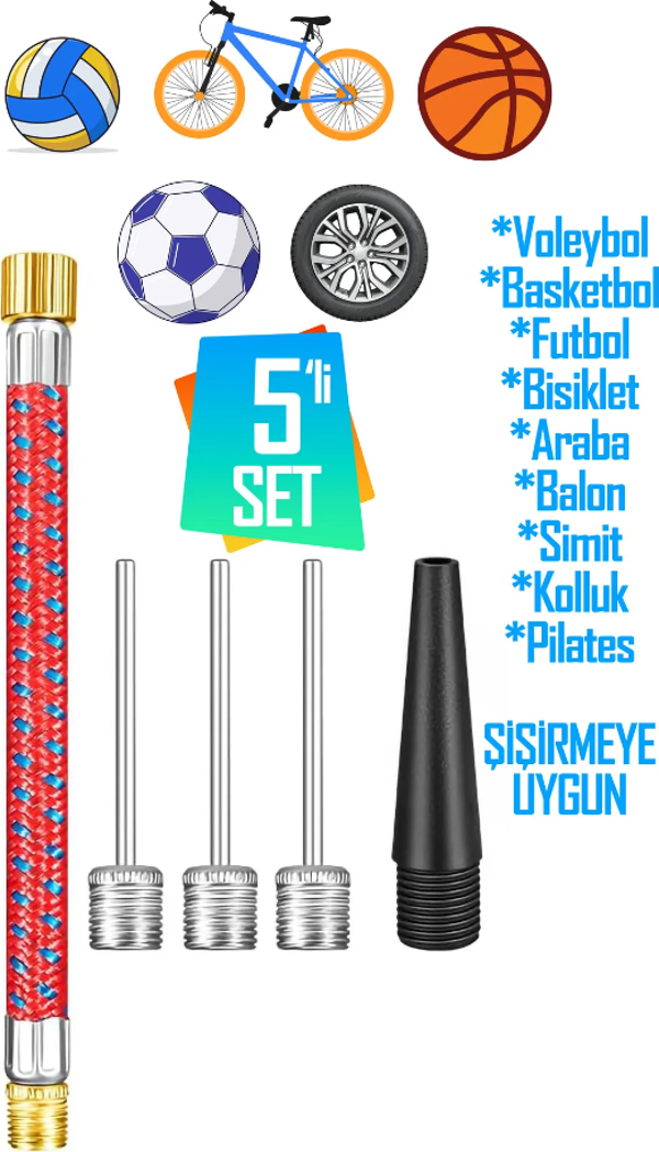 5'li SET Top Şişirme İğnesi Seti Voleybol Basketbol Futbol Bisiklet Pilates Şişirme Seti - Image 1
