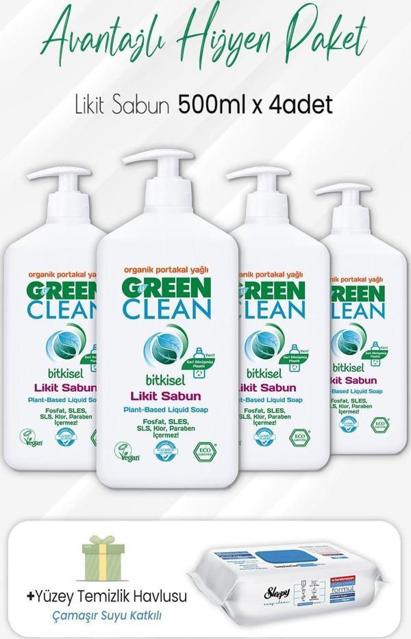 Green Clean Likit Sabun 500 ml x 4 Adet ve Çamaşır Sulu Yüzey 100' lü - Image 1