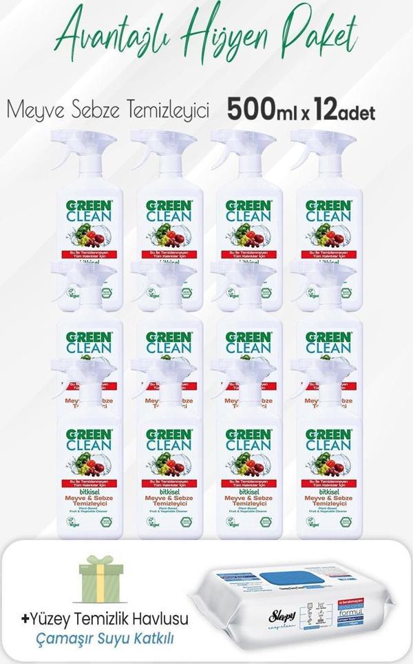 Green Clean Meyve Sebze Temizleyici 500 ml x 12 Adet ve Çamaşır Sulu Temizlik Havlusu - Image 1