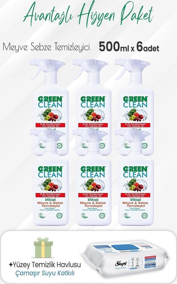 Green Clean Meyve Sebze Temizleyici 500 ml x 6 Adet ve Çamaşır Sulu Temizlik Havlusu - Image 1