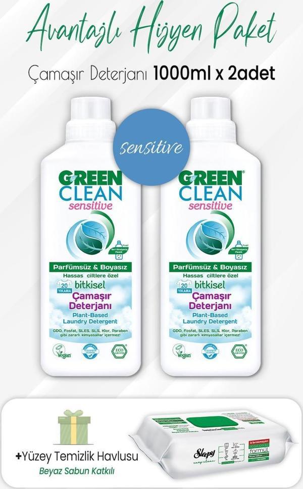 Green Clean Sensitive Çamaşır Deterjan 1 lt x 2 Adet ve Easy Temizlik Havlusu 100' lü - Image 1
