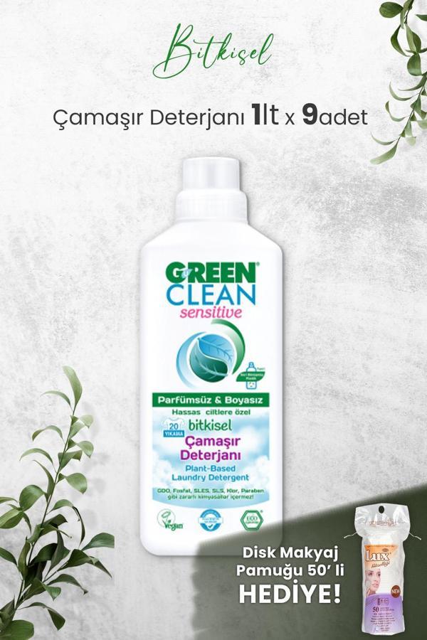 Green Clean Sensıtıve Kokusuz Çamaşır Deterjanı 1 L x 9 Adet ve Hediyeli - Image 1