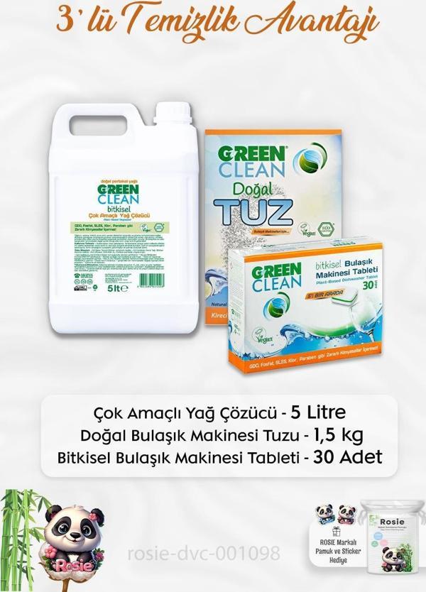 Green Clean Yağ Çözücü 5 lt, B.Makinesi Tableti 30'lu, Makine Tuzu 1.5 kg ve ROSIE - Image 1