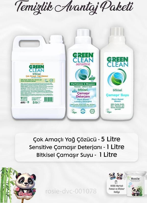 Green Clean Yağ Çözücü 5 lt, Çamaşır Deterjanı 1 lt, Çamaşır Suyu 1 lt ve ROSIE - Image 1