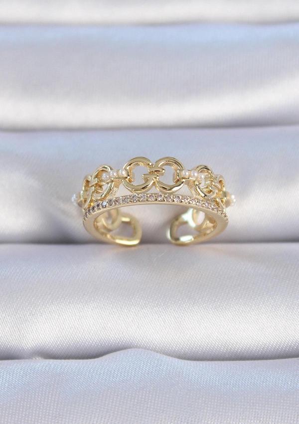 Pirinç Gold Renk Zirkon Taşlı İnci Detay Kadın Yüzük - TJ-BYK3334 - Image 1