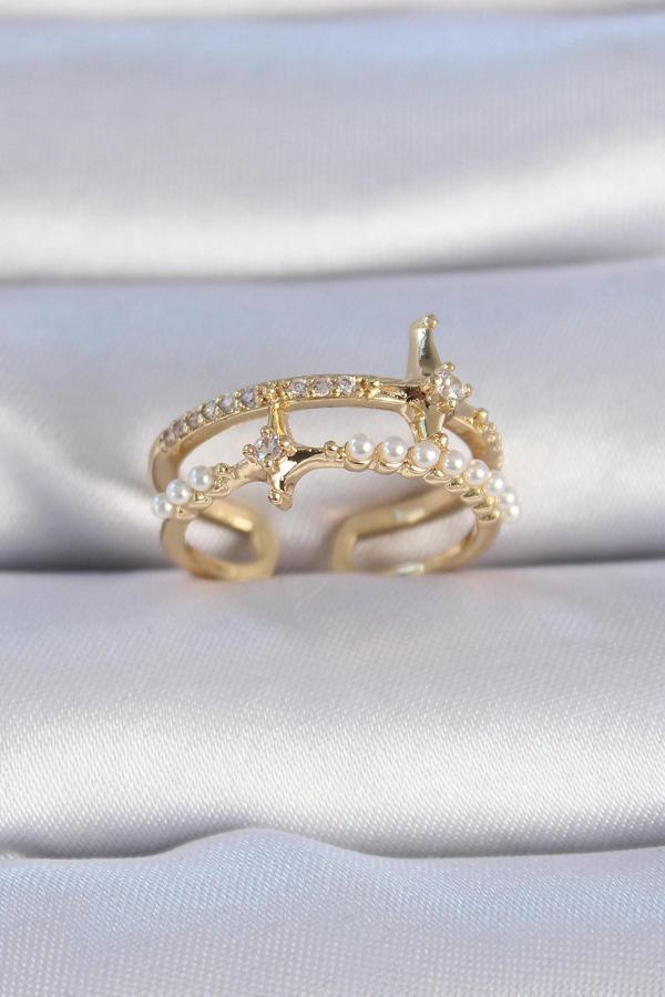 Pirinç Gold Renk Zirkon Taşlı İnci Detay Kutup Yıldızı Model Kadın Yüzük - TJ-BYK3342 - Image 1