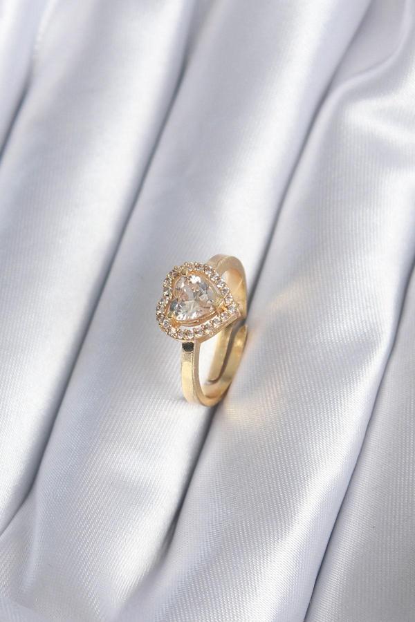 Pirinç Gold Renk Zirkon Taşlı Kalp Charm Model Kadın Yüzük - TJ-BYK2863 - Image 1