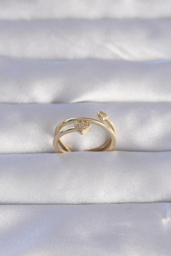 Pirinç Gold Renk Zirkon Taşlı Kalpli Model Ayarlanabilir Yüzük - TJ-BYK3203 - Image 1