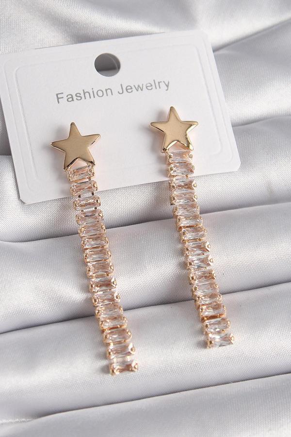 Pirinç Gold Renk Yıldız Model Su Yolu Zirkon Taşlı Kadın Küpe - TJ-BKP9626 - Image 1