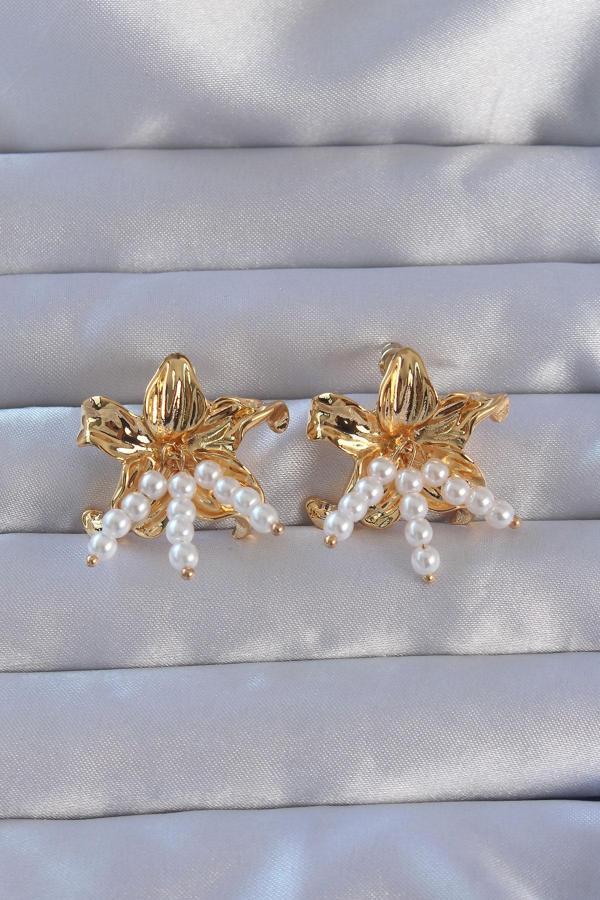 316L Çelik Gold Renk İnci Aksesuarlı Çiçek Model Küpe - TJ-BKP9108 - Image 1