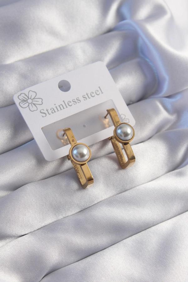316L Çelik Gold Renk İnci Taşlı Dikdörtgen Model Küpe - TJ-BKP9060 - Image 1