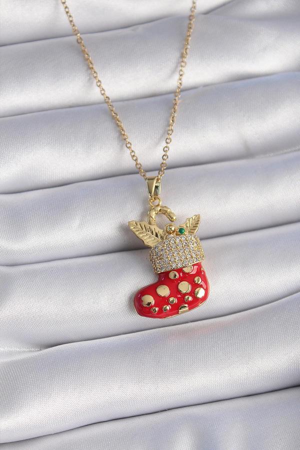 316L Çelik Gold Renk Zincir Zirkon Taşlı Kırmızı Yılbaşı Çorabı Figür Yaprak Detay Kadın Kolye - TJ-BKO9440 - Image 1