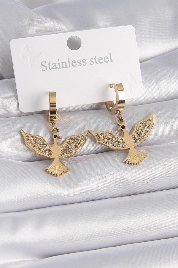 316L Çelik Gold Renk Zirkon Taşlı Anka Kuşu Model Kadın Küpe - TJ-BKP9567 - Image 1