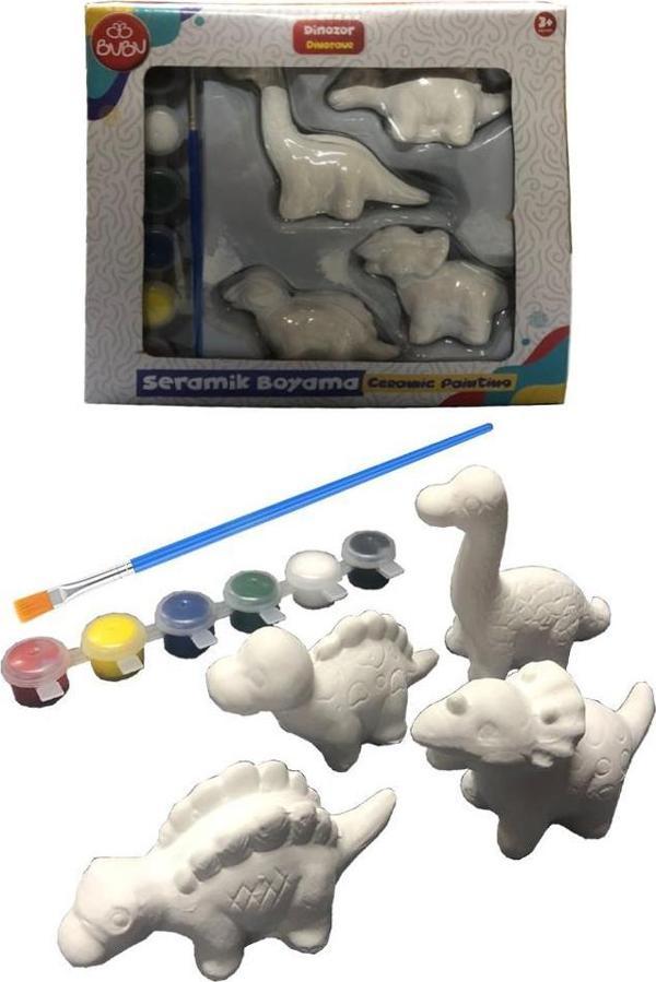 Seramik Dinazor Boyama Seti 1 Paket Dinazor Boyama Etkinliği Alçı 4 Adet Dinazor Modeli 6 Renk Boya ve Fırça - Image 1