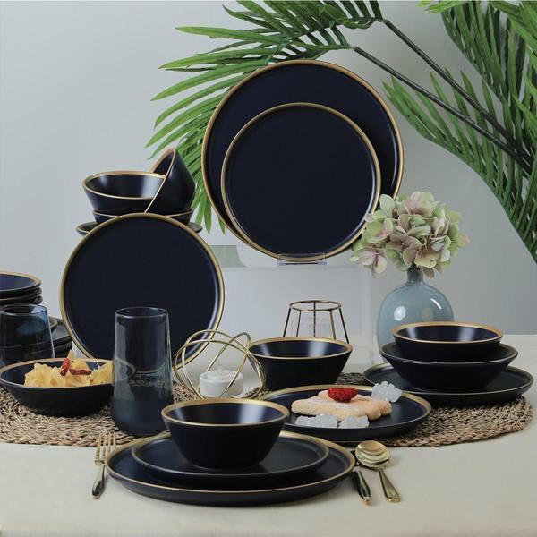 Keramika Mat Lacivert Gold Fileli Yemek Takımı 24 Parça 6 Kişilik - Image 1