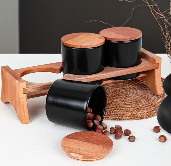 Keramika Mat Siyah Ege Ahşap Standlı Saklama Kabı 10 cm 3 Parça - Image 1
