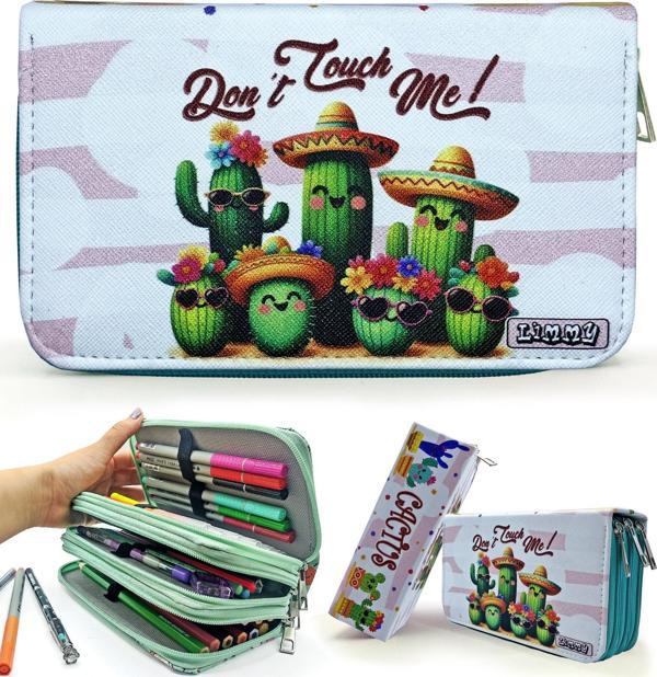 Kalem Kutusu Kaktüs Desenli Kawai Organizer Kalemkutu Vegan Deri Üç Bölmeli Kalemlik -Yeşil - Image 1