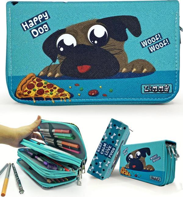 Kalem Kutusu Sevimli Köpek Kawai Organizer Kalemkutu Vegan Deri Üç Bölmeli Kalemlik -Yeşil - Image 1