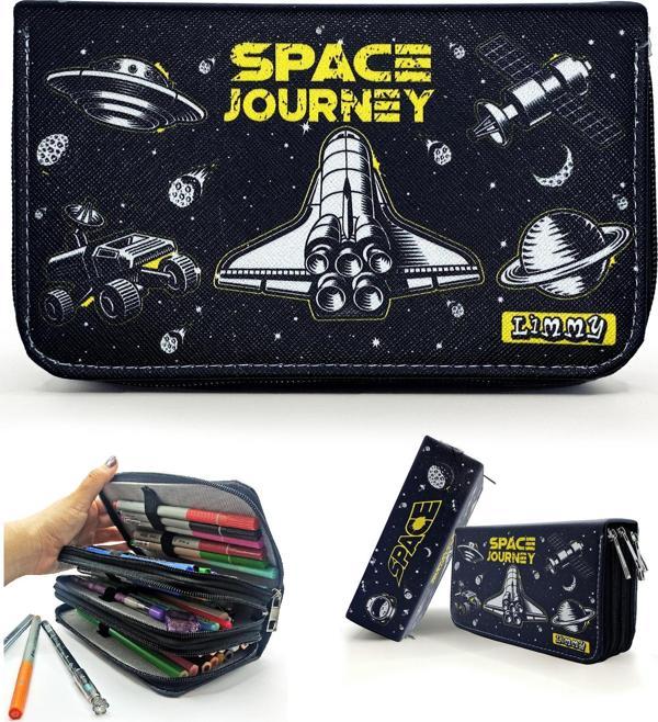 Kalem Kutusu Siyah Mekik Space Kawai Organizer Kalemkutu Vegan Deri Üç Bölmeli Kalemlik Siyah - Image 1
