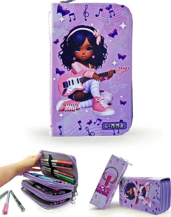 Kalem Kutusu Gitarlı Kız Müzik Kawai Organizer Kalemkutu Vegan Deri Üç Bölmeli Kalemlik -Mor - Image 1
