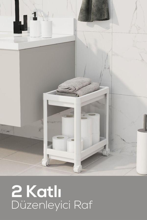 Vienev 2 Katlı Tekerlekli Düzenleyici Raf - Banyo Dolabı Mutfak Tezgah ve Evye Altı Düzenleyici Beyaz - Image 1