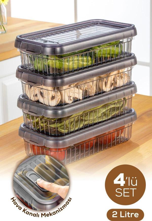 Vienev 4lü Kendinden Çizgili Kilitli Kapaklı Saklama Kabı Seti 2 Litre - Image 1