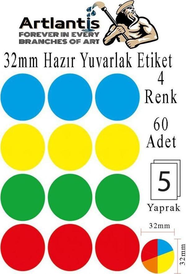 32 mm Renkli Hazır Yuvarlak Etiket 60 lı 1 Paket Mix Color Ofis Etiketleri Kendinden Yapışkanlı Nokta Etiket - Image 1