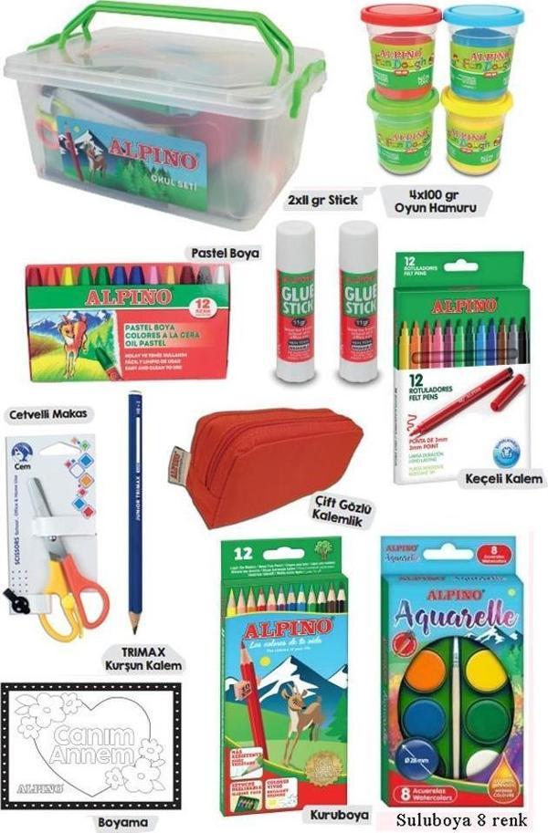 Okul Kırtasiye Seti 15 Parça 1 Paket Alpino Keçeli Kalem Kuruboya Pastel Boya Oyun Hamuru Makas Stick Yapıştırıcı - Image 1