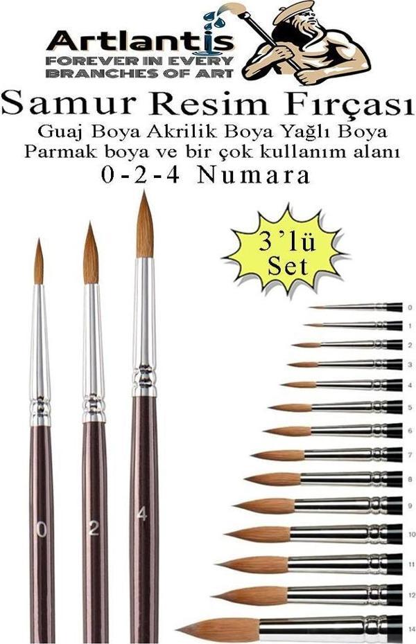 Resim Fırçası 0 - 2 - 4 Numara 1 Paket 3 lü Samur Yuvarlak Uçlu Fırça Seti Guaj Sulu Akrilik Yağlı Boya Fırçaları - Image 1