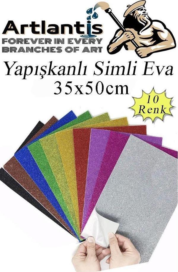 Simli Yapışkanlı Eva 35x50 cm 10 Renk 1 Paket Simli Yapışkanlı Eva Süngeri 10'lu Okul Kreş Anasınıfı Elişi Etkinlikleri - Image 1