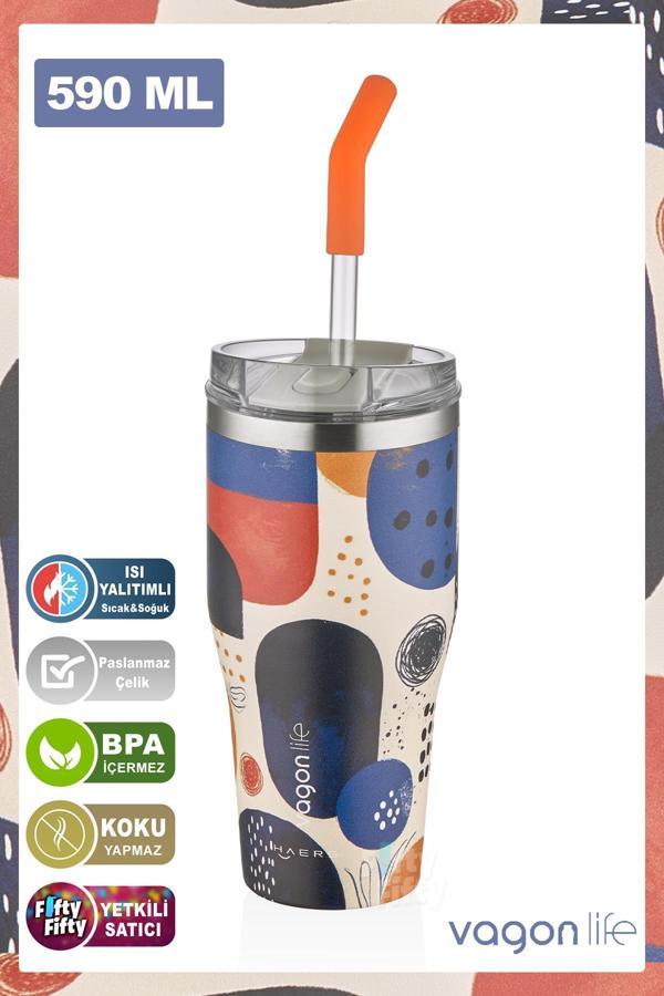 Vagonlife Tumbler Özel Desenli Cup 590 ML Vakumlu Paslanmaz Çelik Termos Pipetli/Rahat İçim -FFVGN1001-590ML - Image 1