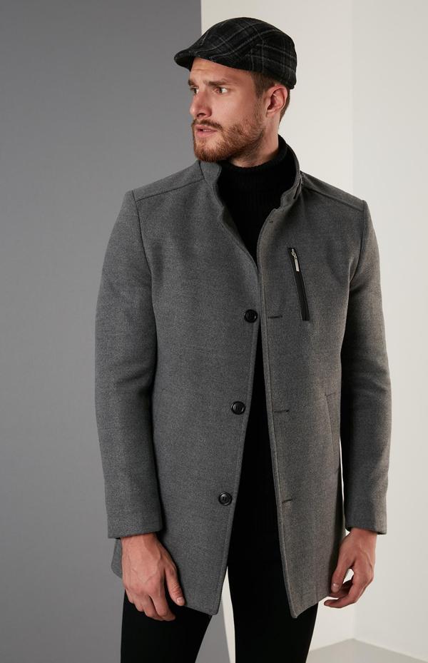 Buratti Slim Fit Düğmeli Dik Yaka Kaşe Erkek Kaban 5840099 AÇIK GRİ - Image 1