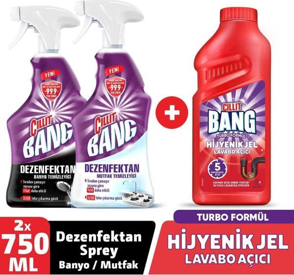 Cillit Bang Turbo Hijyenik Jel Lavabo Açıcı 500ml + Dezenfektan Mutfak Sprey 750 ml + Dezenfektan Banyo sprey 750 ml - Image 1