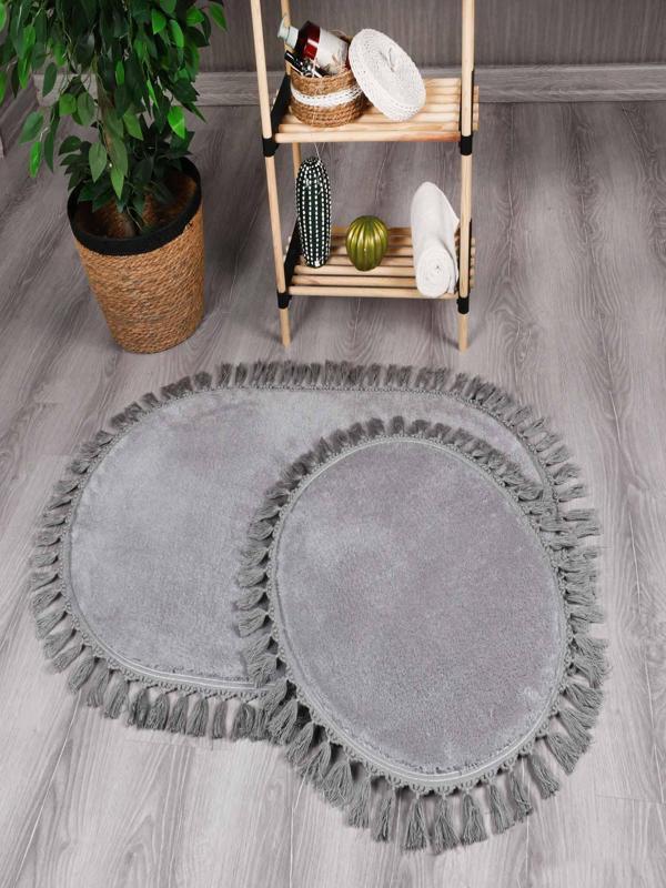 My Evilla Modern Simirna Dekoratif  Peluş Oval Ponpon Saçaklı Klozet Takımı - Image 1