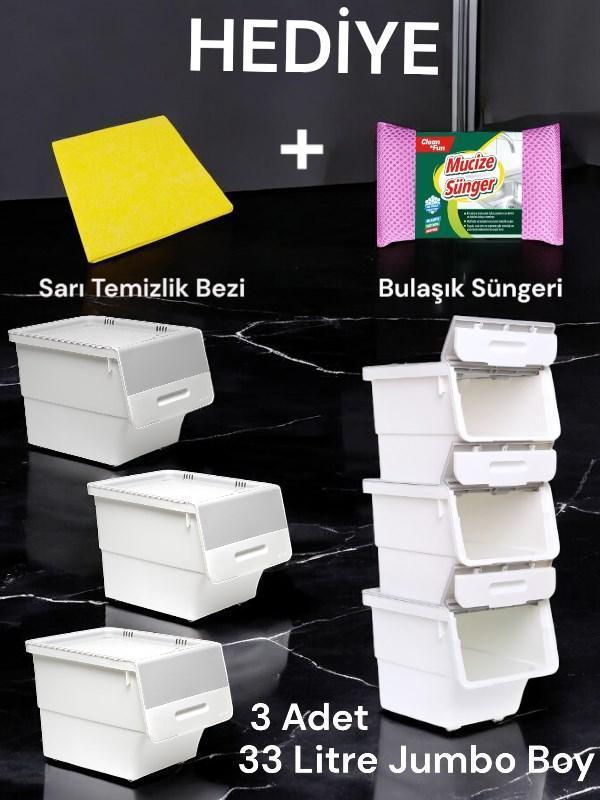 Technow Motek 33 Litre Beyaz Gri Tekerlekli 3*33 Lt 3'lü Set Organizer + Temizlik Seti - Image 1