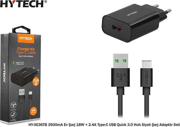 Hytech HY-XE36TB 3500mA Ev Şarj 18W + 2.4A Type-C USB Quick 3.0 Hızlı Siyah Şarj Adaptör Seti - Image 1
