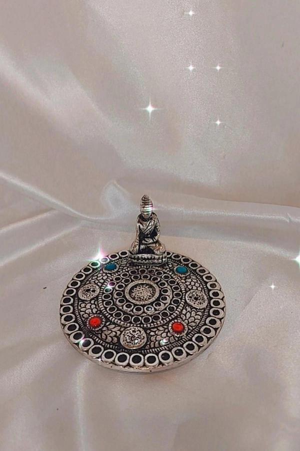 Çubuk Tütsülük İşlemeli Çelik Buda Budha Konik Tütsülük - Image 1