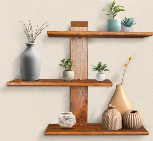 Dekoratif Ahşap 3 Raflı Duvar Rafı Kitaplık Çiçeklik Biblo Rafı 60x48x18 Cm - Image 1