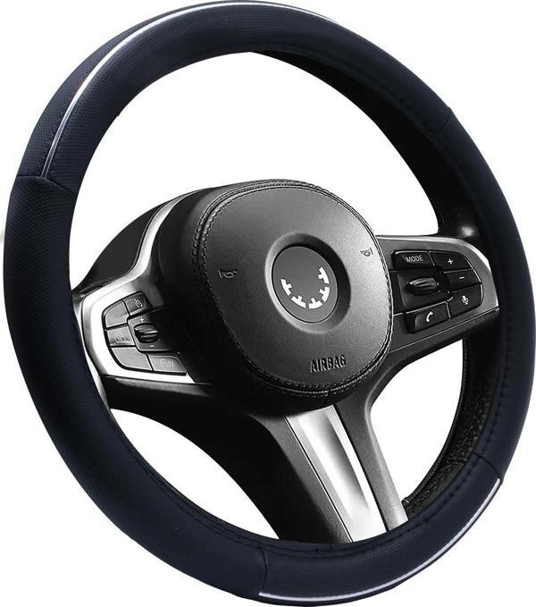 Oto Geçme Direksiyon Kılıfı Desenli Nikelaj Detaylı Suni Deri Gri Renk TEQ-015BK - Image 1