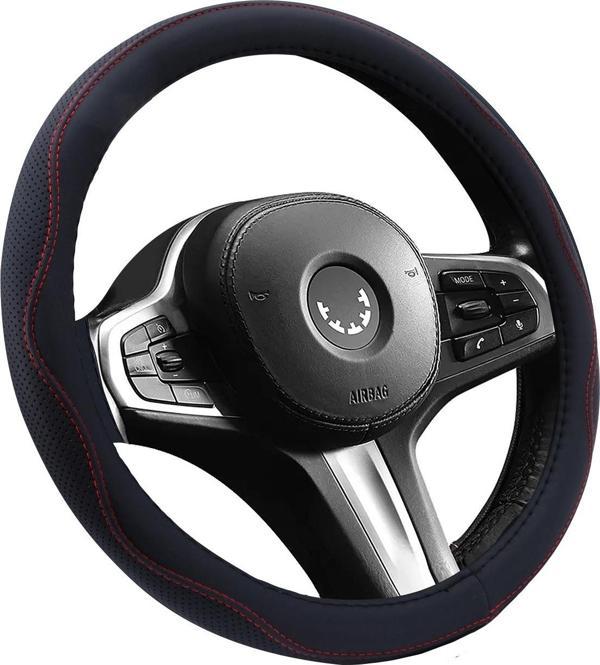 Oto Geçme Direksiyon Kılıfı Desenli Kırmızı Dikişli Suni Deri Siyah Renk TEQ-014BK/RD - Image 1