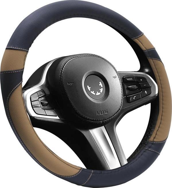 Oto Geçme Direksiyon Kılıfı Desenli Bej Detaylı Suni Deri Siyah Renk TEQ-013BK/BE - Image 1
