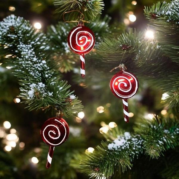 VIP DELUXE 3 ADET ŞEKER ÇUBUK YILBAŞI AĞAÇI SÜSÜ 10 CM PARLAK SİMLİ KIRMIZI NOEL YILBAŞI SÜSLERİ - Image 1