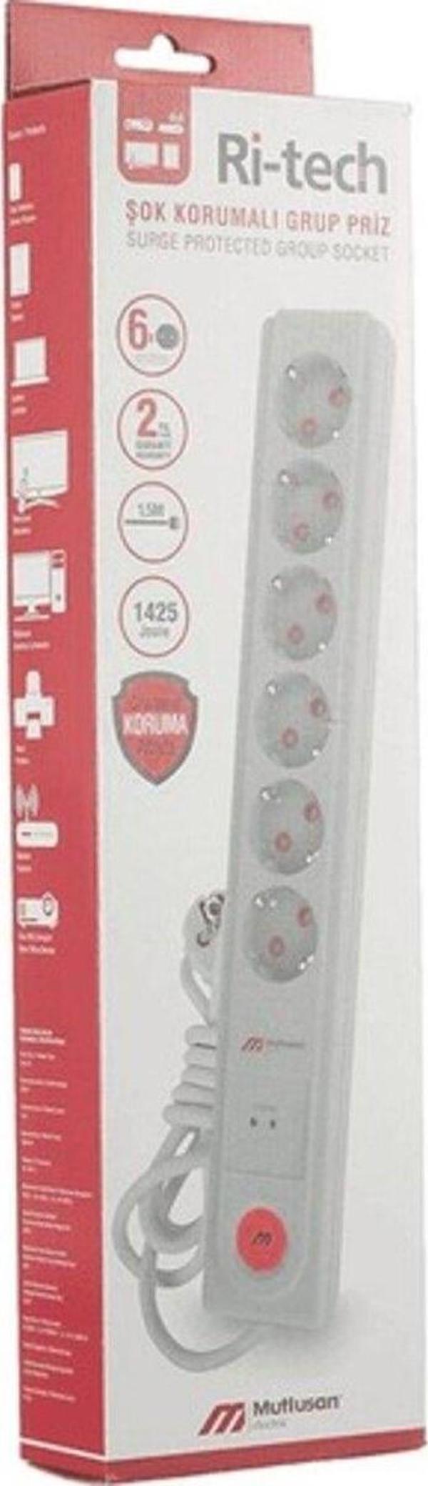 Mutlusan Ri-Tech 6'Lı Şok Korumalı Anahtarlı Grup Priz - Image 1