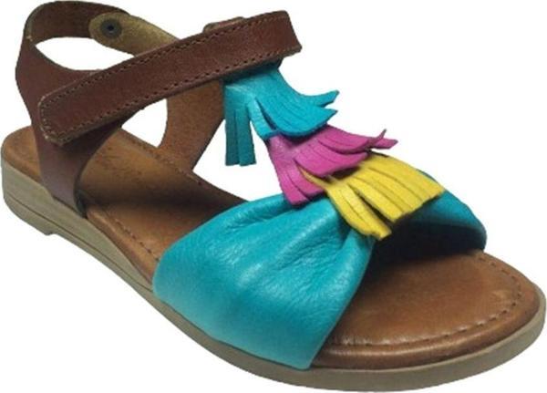 OrtopedikAL Trend Kahve Turkuaz Püsküllü Kız Çocuk Sandalet Ayakkabı %100 Hakiki Deri - Image 1