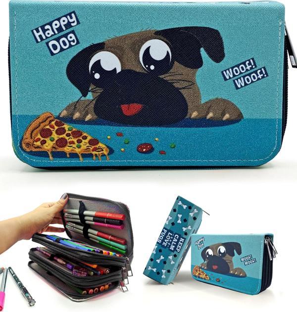 Limmy Kalem Kutusu Sevimli Köpek Kawai Organizer Kalemkutu Vegan Deri Üç Bölmeli Kalemlik Siyah - Image 1