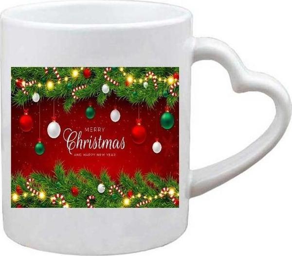 Kişiye Özel Merry Christmas Noel Yeni Yıl Hediye Kalp Kulplu Baskılı Kupa Bardak - Image 1
