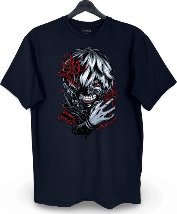 Kaneki Agresif Tokyo Ghoul Baskılı Loose Fit Bisiklet Yaka Unisex Tişört - Image 1