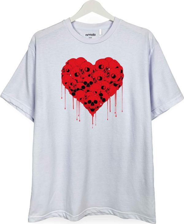 Kurukafa Kalp Baskılı Loose Fit Bisiklet Yaka Unisex Tişört - Image 1